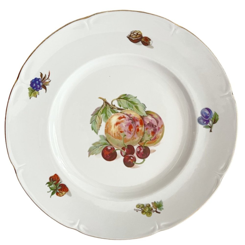 Vintage MCM Porcelain Fruit Gold  Gilt scalloped Rim Plate - 10"